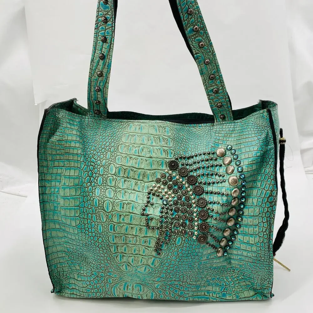 Arohoe turquoise crocodile leather studded southwestern tote bag